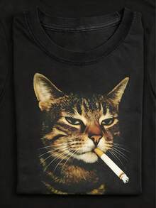 230g Washed Cat Print T-Shirt That Loves Smoking, High-Quality Wax Printed Cotton Retro Fashion Brand T-Shirt, Men's T-Shirt, Beach Must-Have, Men's Summer T-Shirt, Holiday Gift, Perfect Gift - màu đen - Xem 1