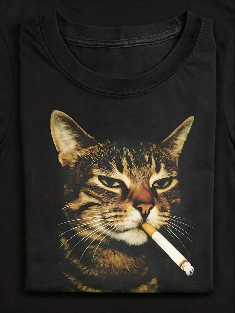 230g Washed Cat Print T-Shirt That Loves Smoking, High-Quality Wax Printed Cotton Retro Fashion Brand T-Shirt, Men's T-Shirt, Beach Must-Have, Men's Summer T-Shirt, Holiday Gift, Perfect Gift - màu đen - Xem 1