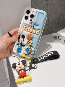 Disney Mickey Mouse Clubhouse Phone Case : 3D Fluffy Pattern Border Protector Phone Soft Phone Case With A Free Cute Mickey Bracelet Chain Lanyard, Mickey, Minnie, Goofy, Donald Duck, Daisy Duck, Pluto, For Apple 17 Promax 17 Pro 16 15 14 13 12 11 Pro Max XS Max X XR Soft Cover Summer Phone Case - White - View 4