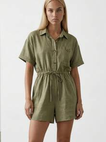 Women's Short Sleeve Romper With A Collared Neckline, Button-Front Closure, Chest Pocket, And Adjustable Drawstring Waist. Designed In A Lightweight Woven Fabric For A Comfortable And Versatile Everyday Look. - Khaki - View 1