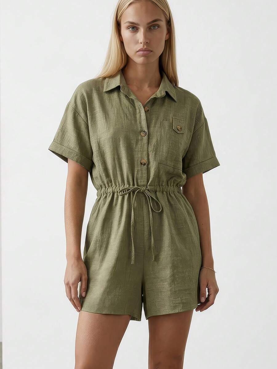 Women's Short Sleeve Romper With A Collared Neckline, Button-Front Closure, Chest Pocket, And Adjustable Drawstring Waist. Designed In A Lightweight Woven Fabric For A Comfortable And Versatile Everyday Look. - Khaki - View 1
