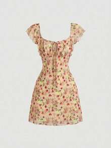 Vestido sin mangas con cuello redondo, fruncido en el pecho y estampado floral vintage para mujer, ideal para el verano - Amarillo claro - Ver 3