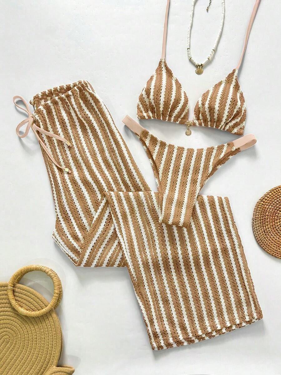 Swim Chiccia Conjunto de bikini a rayas sexy para mujer con pantalones, nueva llegada de trajes de baño para mujer 2026, adecuado para la escuela, vacaciones, citas, té de la tarde, estilo occidental, cruceros, playa, isla, viajes por carretera, todas las estaciones, festivales de música, vacaciones bohemias, vacaciones bohemias, otoño relajado, estilo occidental bohemio, blusas elegantes para mujer - Multicolor 5 - Ver 1