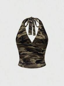 Punk Parte superior con estampado de leopardo y cuello de halter para mujer, escuela - Verde militar - Ver 2