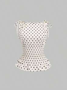 Sweetro Blusa sin mangas elegante con lazo en el hombro, lunares y cordón en la cintura, uso casual y elegante para todos los días - Albaricoque - Ver 1