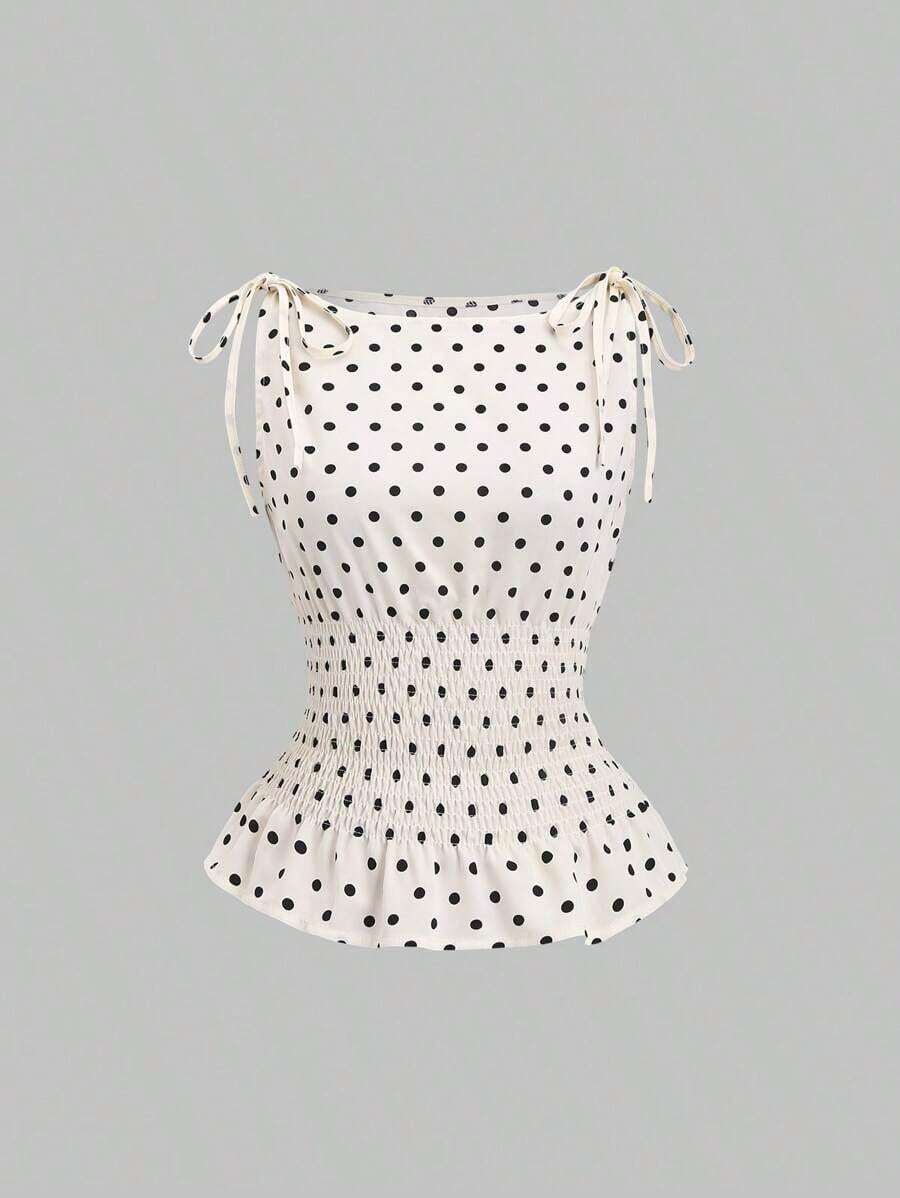 Sweetro Blusa sin mangas elegante con lazo en el hombro, lunares y cordón en la cintura, uso casual y elegante para todos los días - Albaricoque - Ver 1