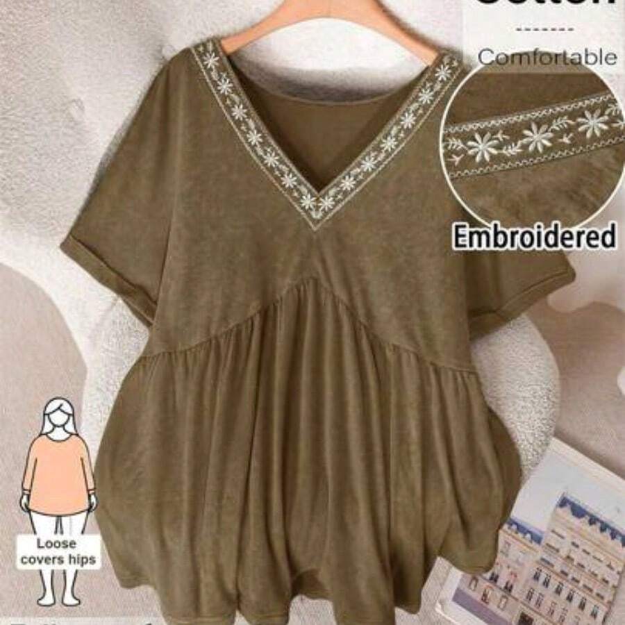 CosyJoli Plus Size Women V-Neck Embroidered Casual Washed Short Sleeve T-Shirt, Going Out Tops - Marrón - Ver 1