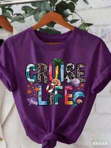 Women's Short-Sleeved Crew Neck T-Shirt With A Summer-Themed "Cruise Life" Letter Print, Made From Pure Cotton, With A Beach-Inspired Design. A Stylish New T-Shirt For Mother's Day, A Summer Essential, 100% Cotton Crew Neck: Butter Yellow T-Shirt For Summer Photoshoots - 紫色 - 查看 2