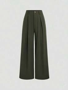 Pantalones anchos de mujer vintage elegantes con textura y plisados, para otoño/invierno - Verde militar - Ver 6