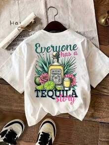 Women's Casual T-Shirt With Margarita Glass Print, Tequila, Cocktail, Lemon, Flower, Leaf And Lettering, Round Neck, Spring/Summer Casual Sportswear, Ideal For Vacation, Breathable And Comfortable. - 白色 - 查看 2