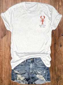 [Local Delivery] Women's T-Shirt, Round Neck Lobster Print T-Shirt, Casual Short Sleeve Vacation Top, Women's Clothing - 白色 - 查看 4