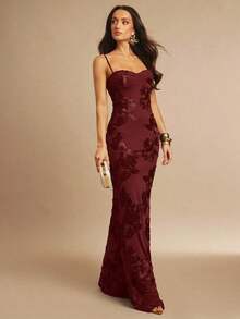 Vestido de tirantes finos maxi ajustado y elegante con diseño floral 3D en color marrón, adecuado para invitada de boda en otoño, fiesta, cóctel, noche, Navidad.Vestido maxi ceñido y con espalda descubierta, apropiado para fiesta de ot - Burdeos 2 - Ver 4