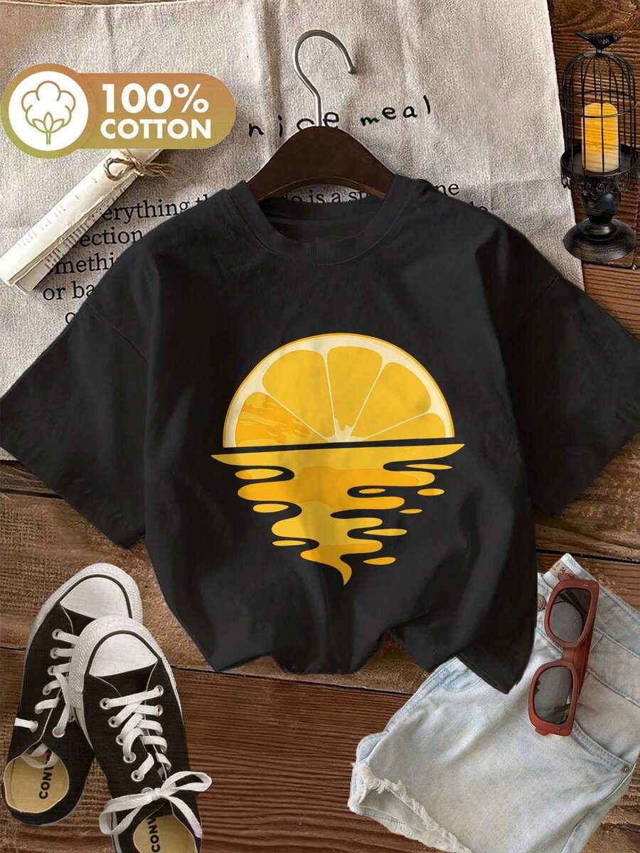 Graphic Print T-Shirt, Short Sleeve Crew Neck Casual Top For Summer & Spring, Women's ClothingPure Cotton Short-Sleeve Shirt - 黑色 - 查看 1