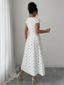 Vestido largo de mujer con cuello cuadrado, manga corta, plisado en la cintura y estampado de lunares elegante - Azul marino - Ver 10