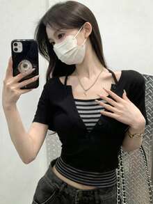 春夏韓式掛脖設計 2合1撞色短袖女款休閒T恤 黑色 - 黑色 - 查看 2