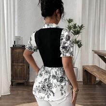 Women's Spring/Summer Exquisite Elegant Colorblock Patchwork Square Neck Ruched Waist Printed Short Sleeve Top, Suitable For Casual Daily Life, Travel, Beach, Music Festivals, Commuting - Multicolor - Ver 3