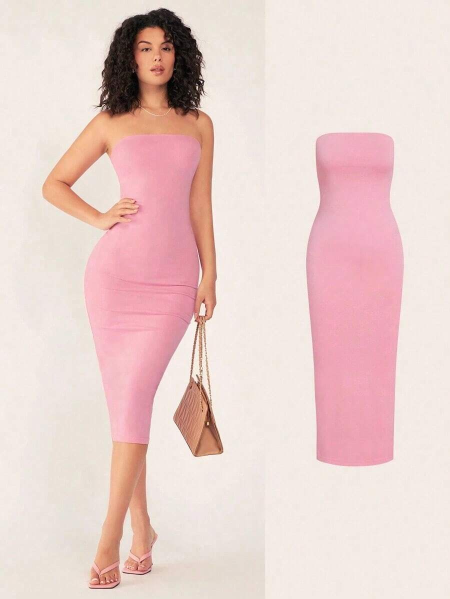 Vestido casual de cena ajustado al cuerpo sin tirantes para mujer - Rosa - Ver 1