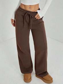 Pantalón de chándal de pierna recta con detalle de guijarro para mujer, mezcla de algodón cómoda - Café integral - Ver 3