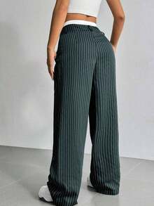 Pantalones anchos de mujer con pliegues y rayas, con cintura de bloques de color para otoño/invierno - Verde Oscuro - Ver 2