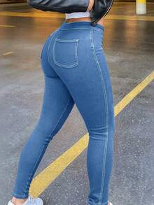 Womens Classic High Waisted Skinny Stretch Curvy Butt Lifting Jeans Slim Fit Denim Pants(The Size Is Too Large, It Is Recommended To Take A Smaller Size) - 中藍 - 查看 2
