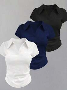 Camiseta casual versátil de mujer con cuello y mangas cortas plisadas - Blanco 2 - Ver 6
