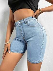 Shorts vaqueros elásticos de corte ajustado con decoración de bigotes de gato para mujer, estilo casual de verano, adecuados para vacaciones, playa, conciertos, festivales de música, creando - Lavado ligero - Ver 2