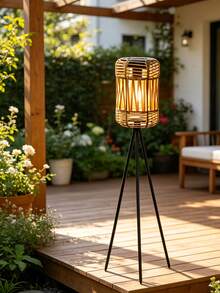 1PC Boho Rustic Solar Rattan Floor Lamp, Home Garden Patio Balcony Decor, Hand Woven Shade Iron Tripod Stand, Indoor & Outdoor Universal Light, Daily Holiday Party Decoration, Festival Gift, Home Renovation Must-Have - Multicolor - View 8