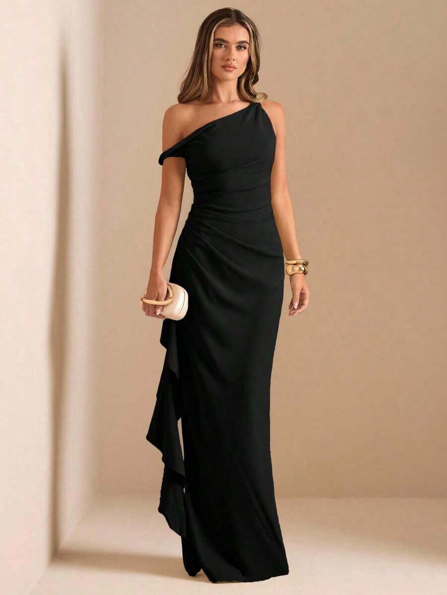 de dama de honor de otoño/invierno, vestido largo elegante con pliegues, abertura alta, volantes y hombros oblicuos con nudo retorcido y sin tirantes, sexy para fiestas - Negro - Ver 1