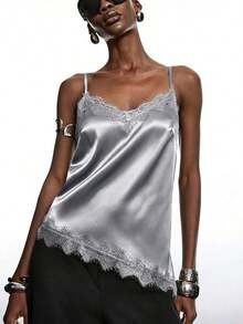 2026 Nueva Blusa Minimalista de Primavera para Mujer de Satén Color Albaricoque con Encaje, Elegante Camisola con Ribete de Encaje, Adecuada para Primavera/Verano; Camisa Elegante, Adecuada para Fiestas, Primavera, Navidad, Año Nuevo, etc.; Elegante - Gris - Ver 3