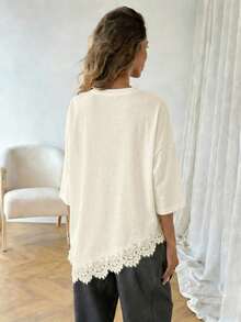 Camiseta casual de mujer con dobladillo asimétrico de encaje de unicolor, uso versátil diario, parte superior de ocio de primavera/verano, adecuada para vacaciones, verano, primavera, vacaciones de primavera y diversas ocasiones, incluyendo ves - Albaricoque - Ver 2