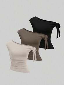 Set de 3 camisetas casuales de mujer en unicolor con hombros oblicuos y cómodas - Multicolor 10 - Ver 1