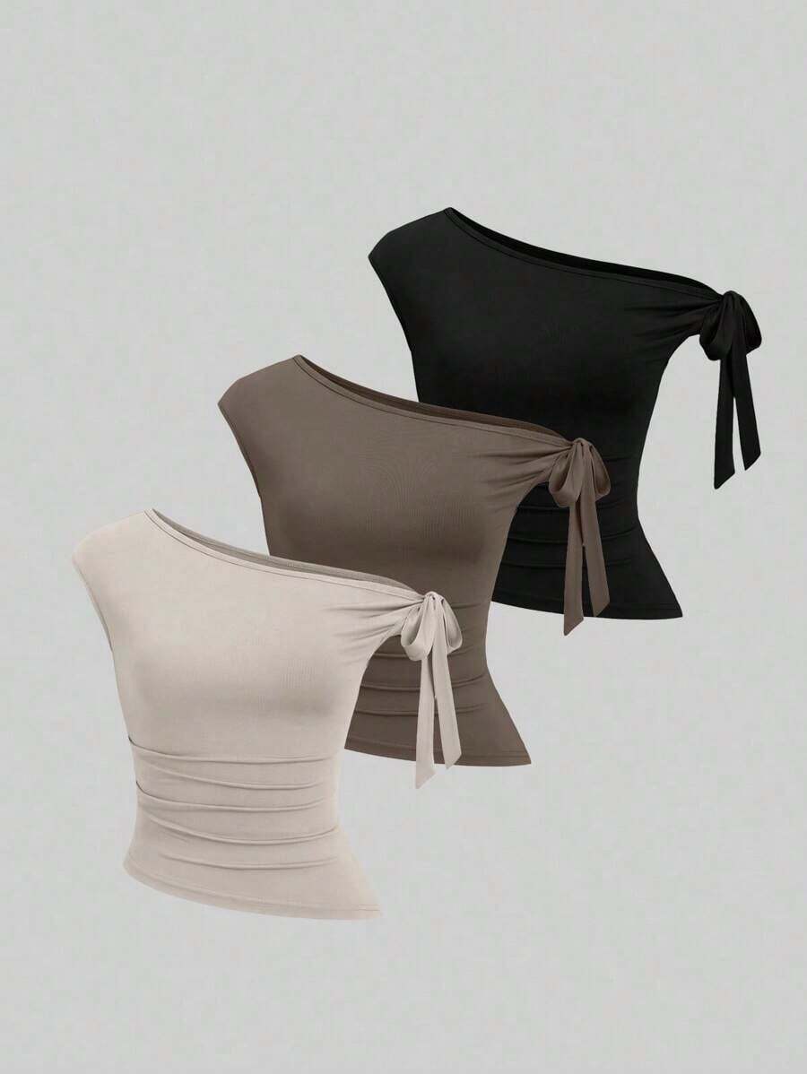 Set de 3 camisetas casuales de mujer en unicolor con hombros oblicuos y cómodas - Multicolor 10 - Ver 1