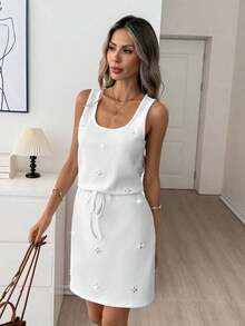 LUNE Vestido mini casual sin mangas con cintura anudada a rayas para mujer, nuevo vestido de llegada para mujer, vestidos casuales de verano para mujer, nuevo vestido de llegada para mujer casual, vestidos casuales de verano para mujer, atuendo para mujer, atuendos de playa, atuendos para salir, atuendos de vacaciones, atuendos de verano para mujer, atuendo para concierto de campo - Blanco 2 - Ver 3