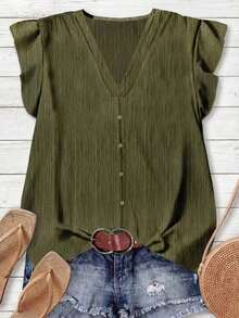 Camisa minimalista casual para mujer, adecuada para el verano - Verde militar - Ver 1