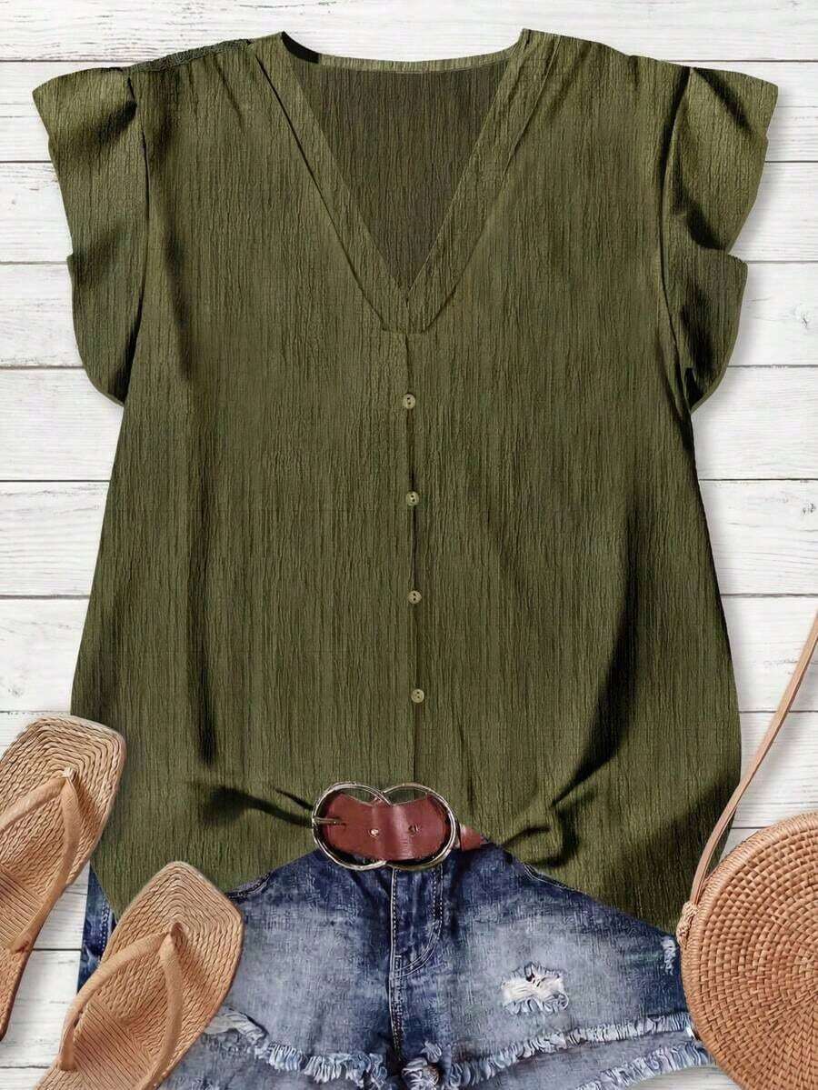 Camisa minimalista casual para mujer, adecuada para el verano - Verde militar - Ver 1