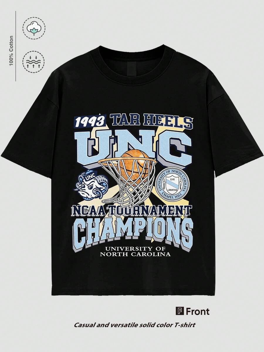 La camiseta con el retrato de la mascota del equipo de baloncesto de la Universidad de Carolina del Norte, "1993 TAR HEELS", conmemora el torneo de la . Es una camiseta con diseño conmemorativo del baloncesto universitario, una camiseta con el patrón de la mascota de los UNC Rams, y un atuendo imprescindible para los entusiastas del deporte y la cultura. Camiseta 100% algodón puro con un diseño juvenil y moderno. Muy adecuado para ropa casual y estilo urbano. Son excelentes regalos para amigos y familiares. - Negro - Ver 1