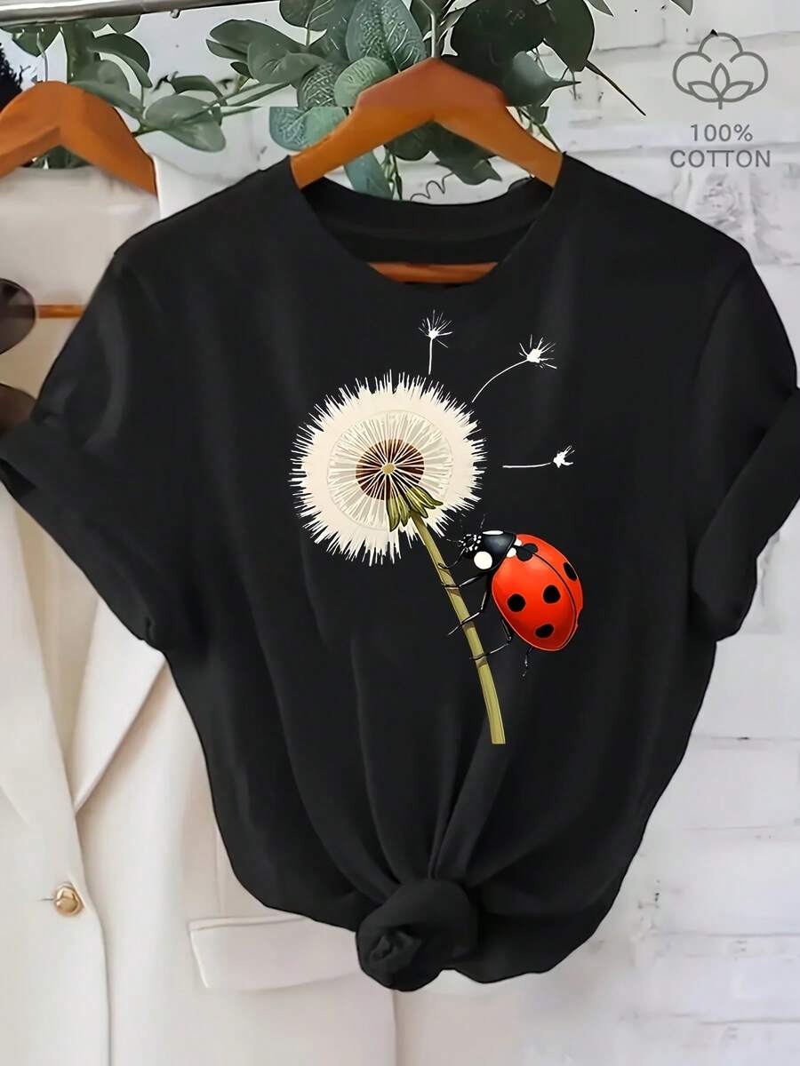 Camiseta de Casa Cómoda de Manga Corta y Cuello Redondo con Estampado de Diente de León y Insectos para Mujeres Talla Grande 100%