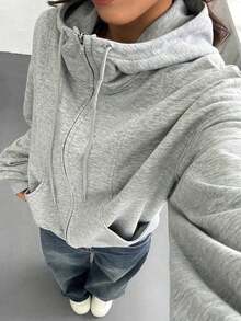 SHEI Women's Zip-Up Sweatshirt With Long Sleeves And Pocket, Casual Minimalist Style, Ideal For Graduation, Back To School, Teacher's Clothing, Fall/Winter Back To School - 灰色 - 查看 2