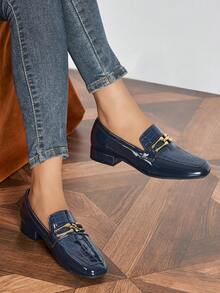 Mocassins à talons bas patchwork bleu marine pour femmes, style britannique rétro, bout rond, chaussures plates à enfiler, chaussures d'uniforme pour le printemps et l'automne, trajets quotidiens - Bleu marine - Voir 3