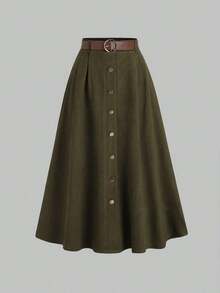 Sweetro Falda de ante marrón con diseño de solapa única, otoño/invierno - Verde militar - Ver 1