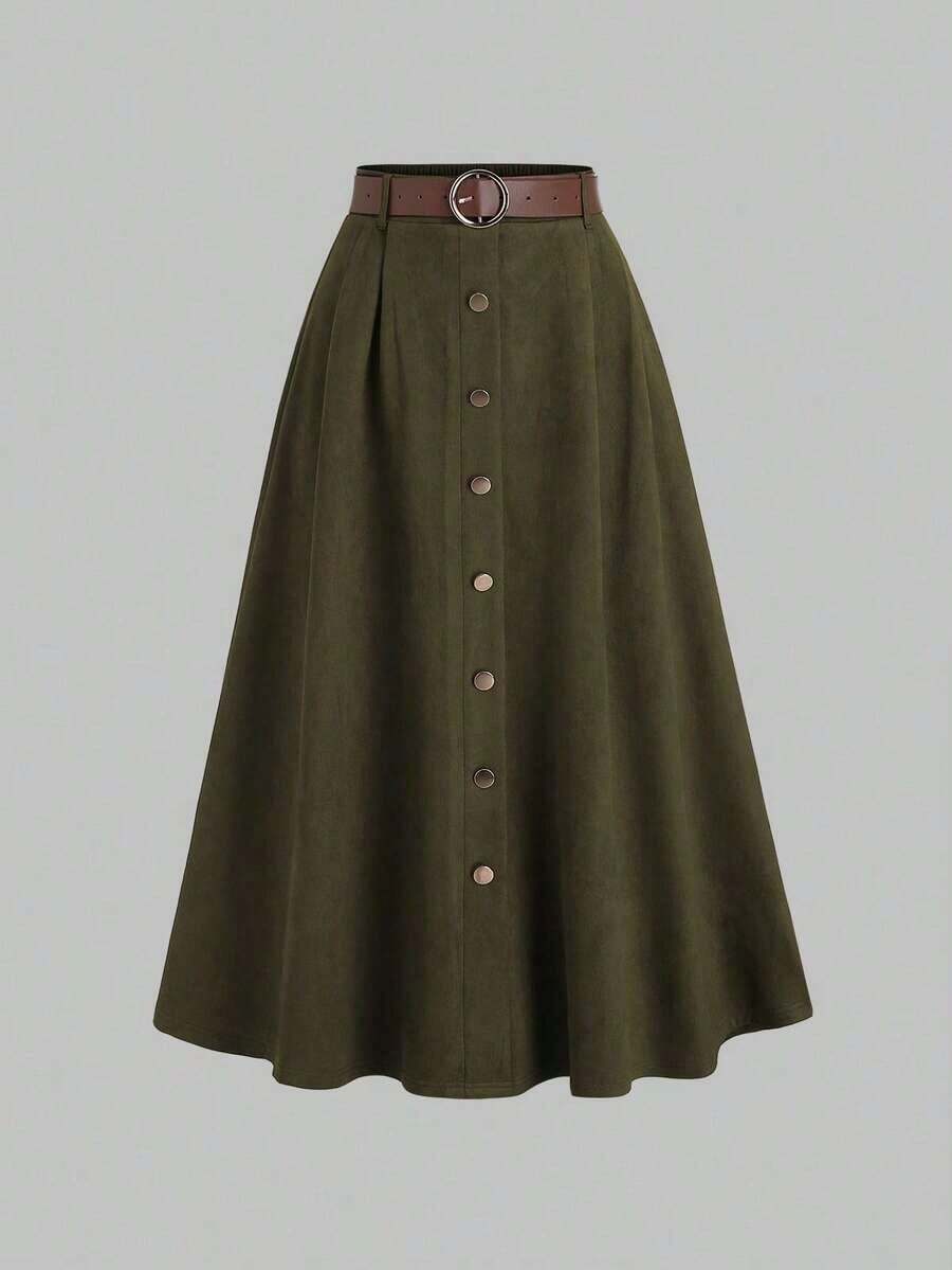 Sweetro Falda de ante marrón con diseño de solapa única, otoño/invierno - Verde militar - Ver 1