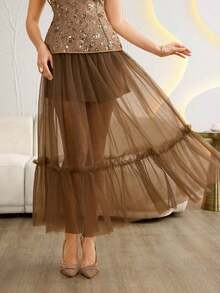 Falda acampanada de malla transparente elegante y versátil, encantadora para mujeres - Marrón - Ver 10