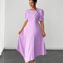 Vestido elegante de color liso con cuello redondo, manga corta, dobladillo irregular, manga abullonada, dobladillo de pañuelo, cintura ceñida, con acento de hebilla de metal, adecuado para vacaciones, informal, viajes diarios, diseño de moda, talla pequeña a grande, vestido largo largo Vestido lavanda para mujer Vestido elegante morado Mujer - Púrpura - Ver 4