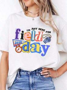 20261pscTeacher T-Shirts Women's, Simply Here For Field Day Print, Schools Field Day Tee, Teacher Crew Neck Short Sleeve Shirt, 100% Cotton Oversized Casual Graphic Top, Spring Summer, Holiday Fun Gift, Free Shipping Soft Cotton Women's Graphic Round Neck Short Sleeve Casual Tee, Easter Mother's Day Gift T-Shirt - 白色 - 查看 6