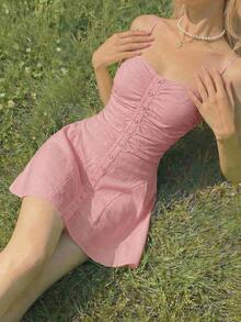 Vestido camisero corto con decoración de botones para mujer, amarillo pálido - Rosa Pálido - Ver 6