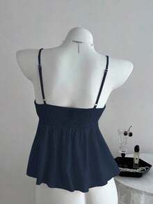 Camiseta de tirantes con volantes de unicolor lindo para damas, ropa de verano para la universidad - Rosa - Ver 9