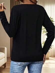 Plus Size Women's Long Sleeve T-Shirt With Cat And Paw Print - Comfortable Round Neck Blouse Suitable For Curvy Women, For Daily Wear In Spring/Autumn, Machine Washable, Casual Blouse For Women (Cat Themed Clothing). - 黑色 - 查看 3