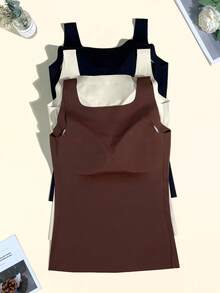 3pcs Atasan Tank Top Elastis Tanpa Jahitan Warna Polos Ukuran Plus Baru dari Bahan Sutra Es dengan Tali Bahu Lebar dan Bantalan Bra Terintegrasi - MultiWarna - View 2
