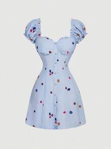 MOD Vestido camisa con botones de concha bordados en azul claro - Amarillo - Ver 10