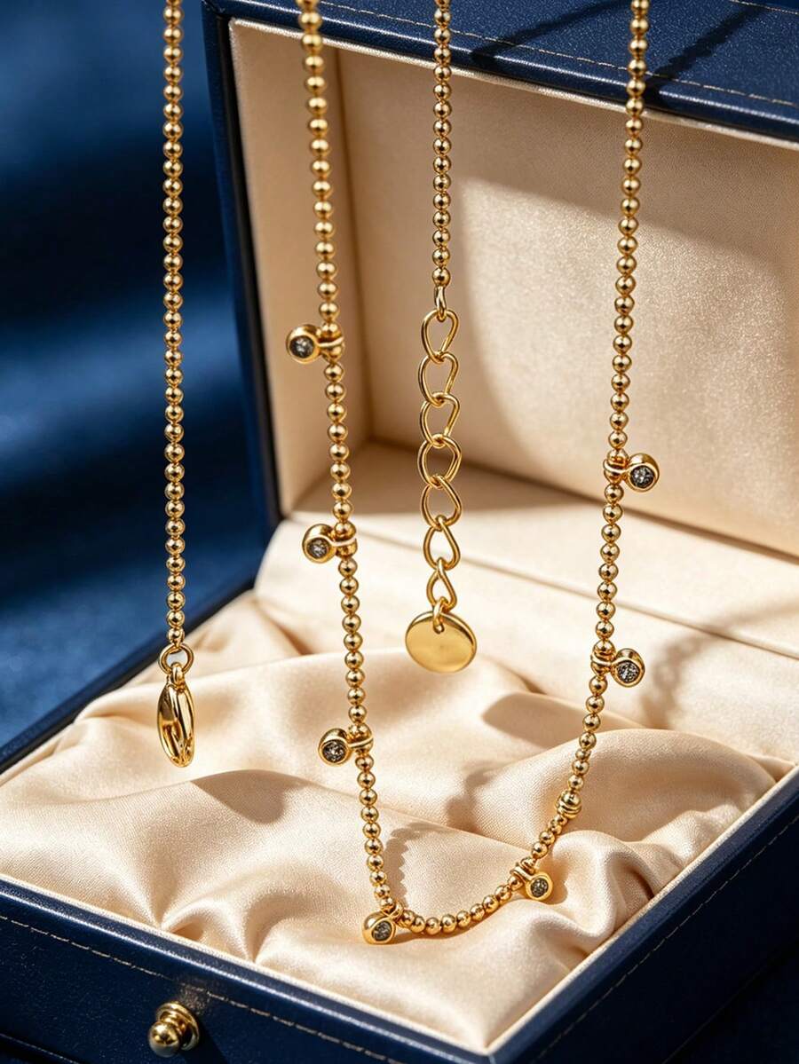 Women's Gold-Plated Pearl Chain Cubic Zirconia Necklace, Delicate Minimalist Style, Suitable For Daily Commute And Workwear, An Ideal Gift For Fashion Enthusiasts - Gold - View 1